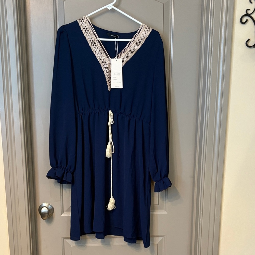Brand New Navy Blue Dress with Cream Accents, never worn.
